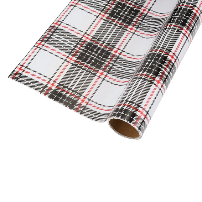 30" x 10' White Black Plaid Holiday Wrapping Paper, classic tartan design for Christmas