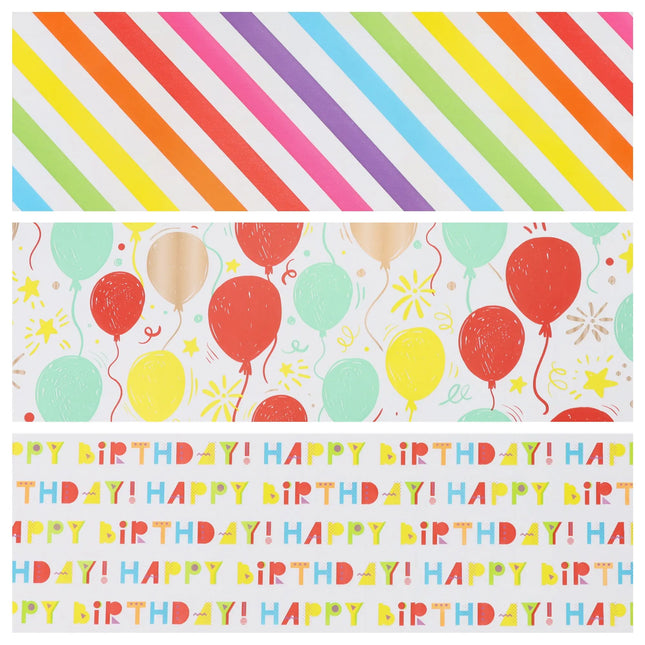 30" x 10' Birthday Wrapping Paper Bundle (3-pack) | Happy Birthday/ Balloons/Stripes LaRibbons and Crafts