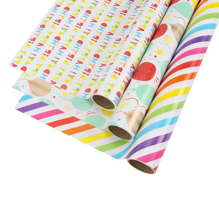 30" x 10' Birthday Wrapping Paper Bundle (3-pack) | Happy Birthday/ Balloons/Stripes LaRibbons and Crafts