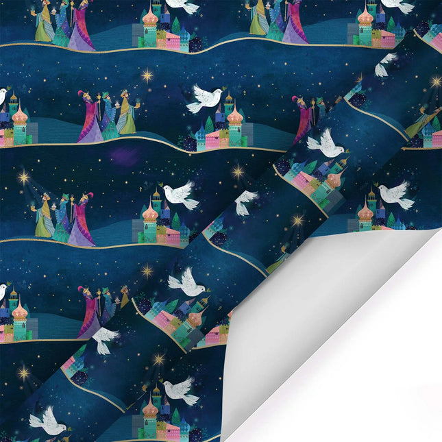 30" x 10' Holiday Wrapping Paper, Three Kings with Metallic Accents on Navy, for Christmas gifting