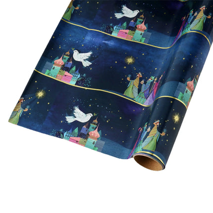 30" x 10' Navy Blue Wrapping Paper with Three Kings & Metallic Accents, for winter celebrations
