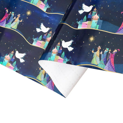 30" x 10' Three Kings Wrapping Paper, Navy background with metallic details, for holiday presents