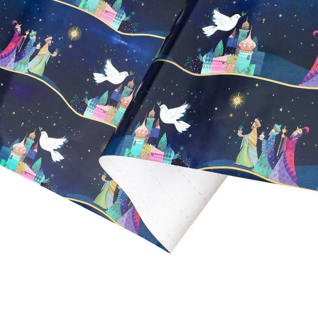 30" x 10' Three Kings Wrapping Paper, Navy background with metallic details, for holiday presents