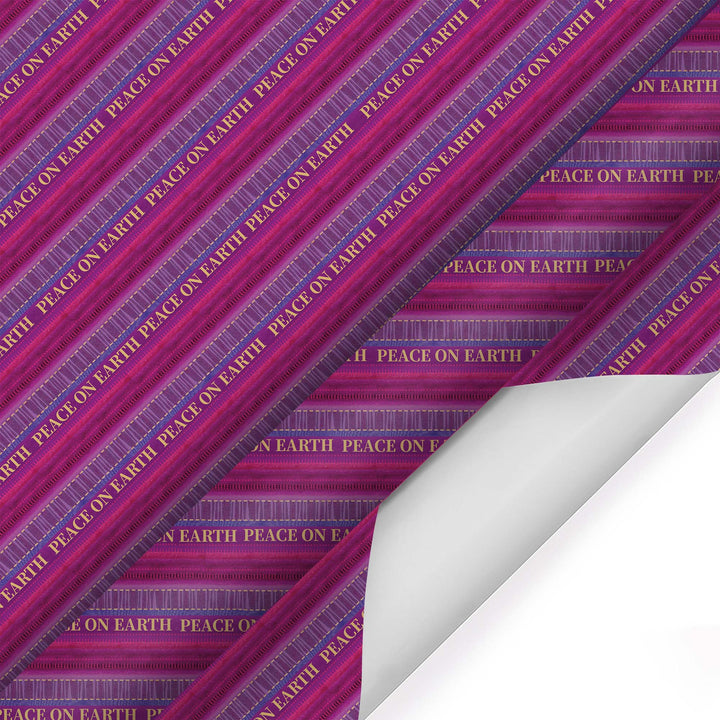 30" x 10' Holiday Wrapping Paper | Pink/Purple Pattern Stripe Peace on Earth