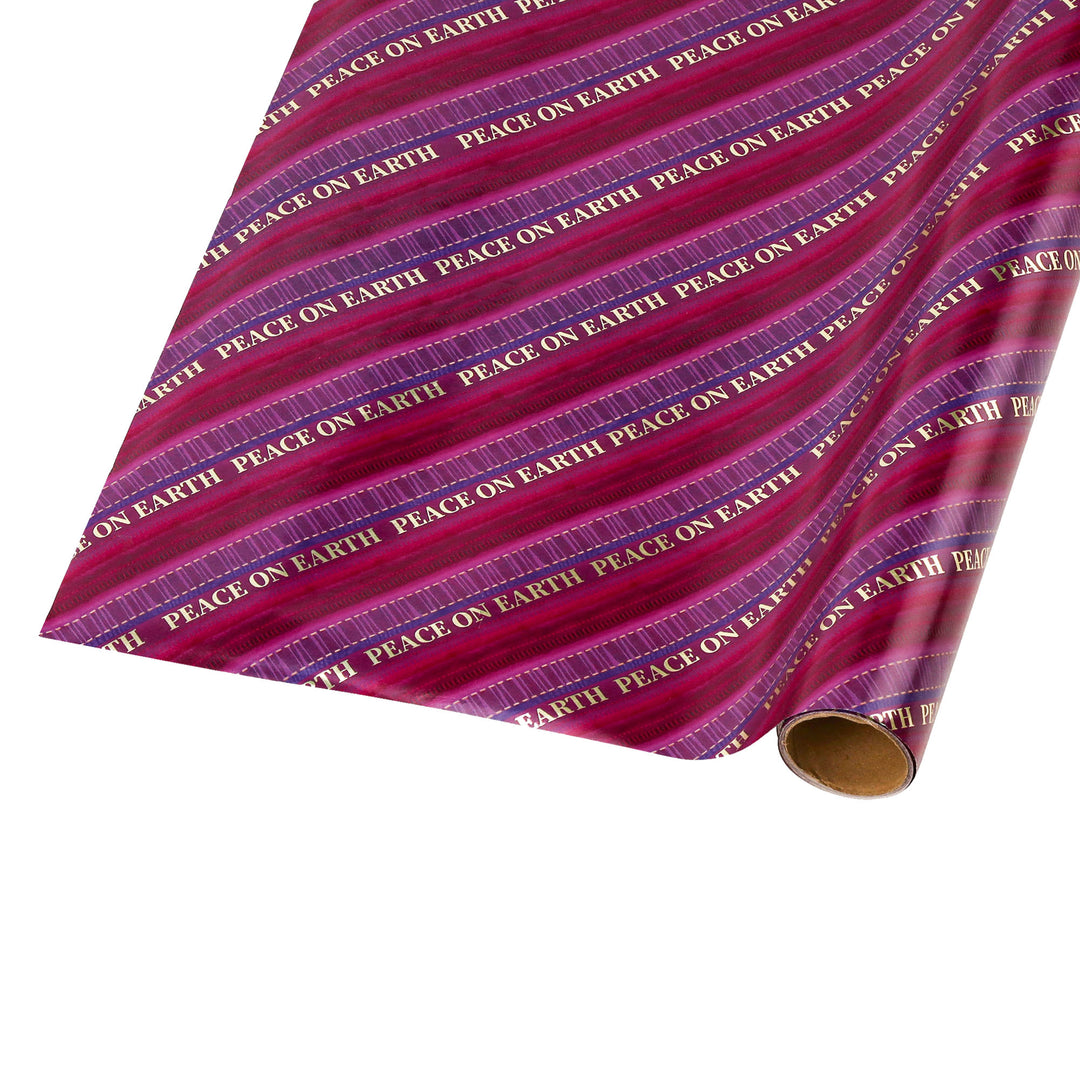 30" x 10' Holiday Wrapping Paper | Pink/Purple Pattern Stripe Peace on Earth