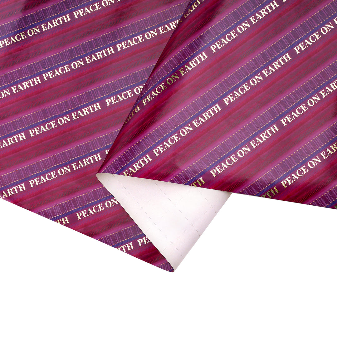 30" x 10' Holiday Wrapping Paper | Pink/Purple Pattern Stripe Peace on Earth