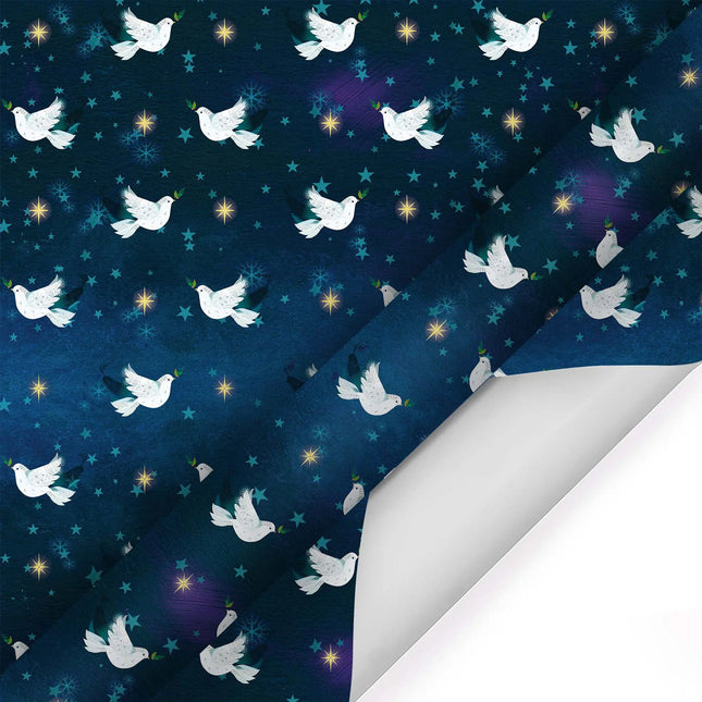 30" x 10' Holiday Wrapping Paper, Peace Doves with Metallic Accents on Navy, for Christmas gifting