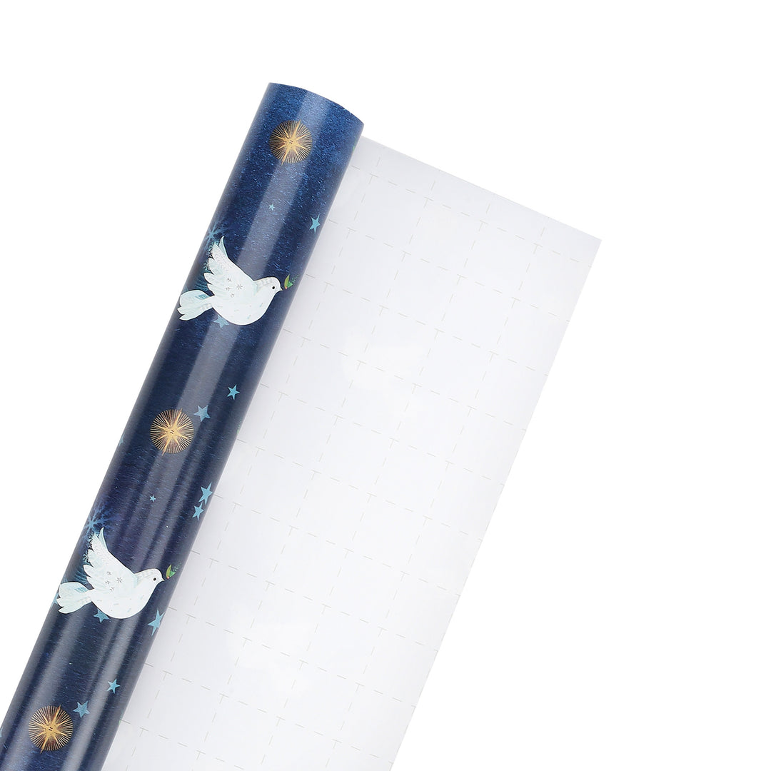 30" x 10' Holiday Wrapping Paper | Peace Doves Metallic Accent on Navy