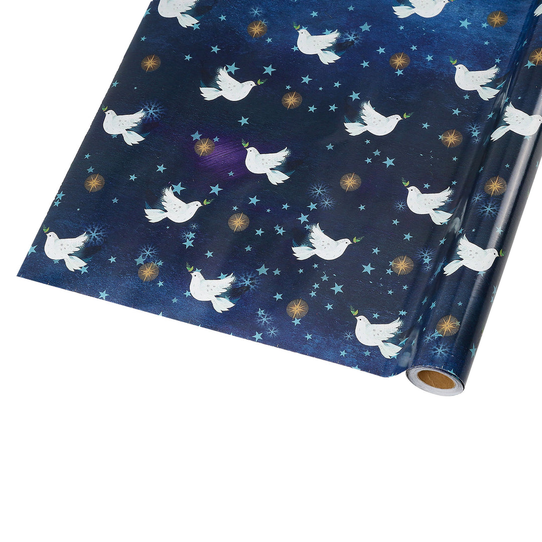 30" x 10' Holiday Wrapping Paper | Peace Doves Metallic Accent on Navy