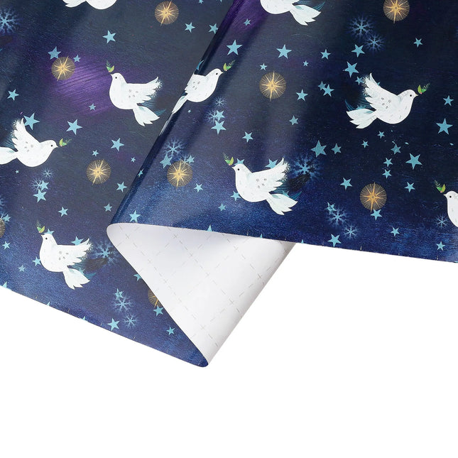 30" x 10' Peace Doves Wrapping Paper, Navy background with metallic stars, for holiday presents