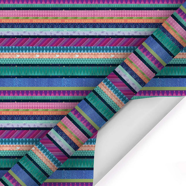 30" x 10' Holiday Wrapping Paper, Multi-Pattern Stripe with "Peace on Earth" Metallic Accent