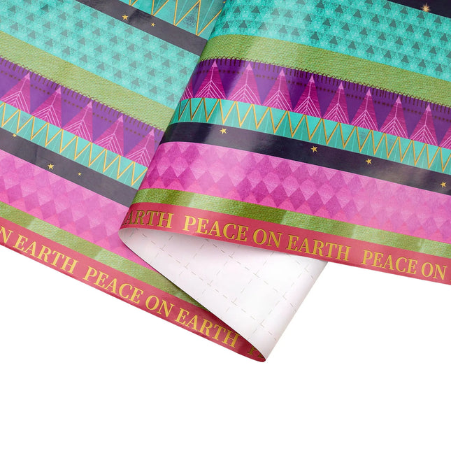 30" x 10' "Peace on Earth" Stripe Wrapping Paper, vibrant multi-pattern design with metallic shimmer