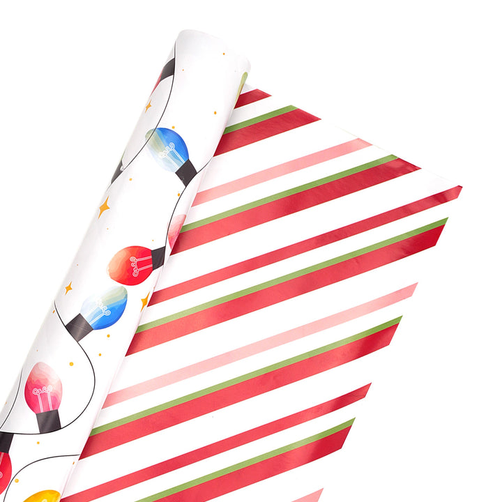 30" x 10' Reversible Holiday Wrapping Paper | Festive Lights/Pink and Red on White Diagonal Stripe LaRibbons and Crafts