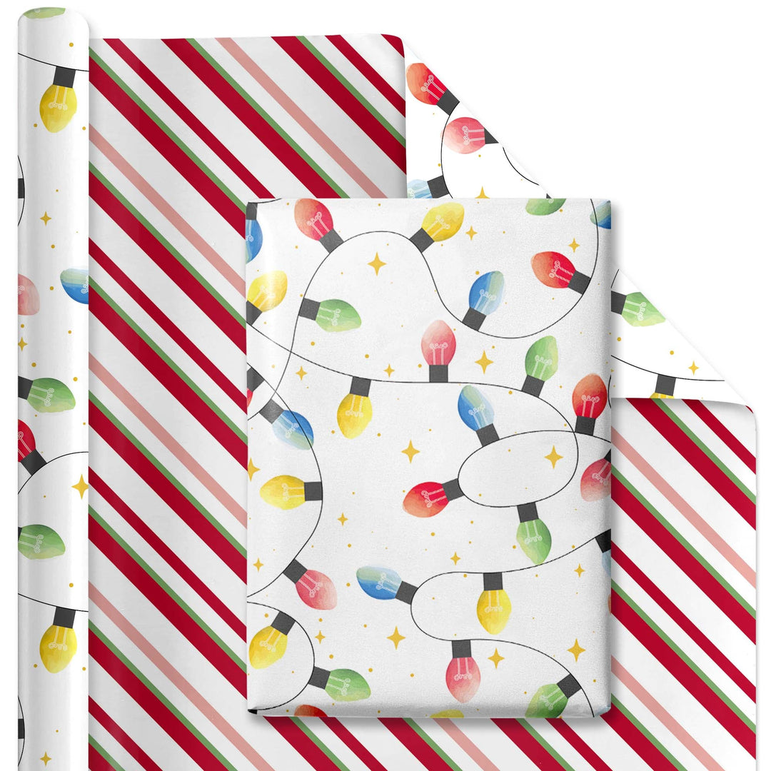 30" x 10' Reversible Holiday Wrapping Paper | Festive Lights/Pink and Red on White Diagonal Stripe LaRibbons and Crafts
