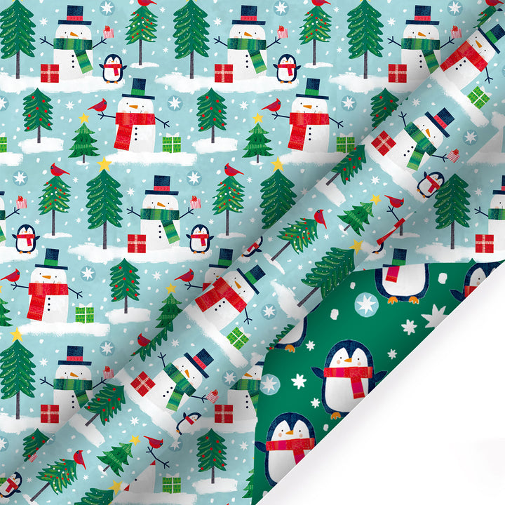 30" x 10' Holiday Reversible Wrapping Paper | Winter Friends Snowman/Penguin