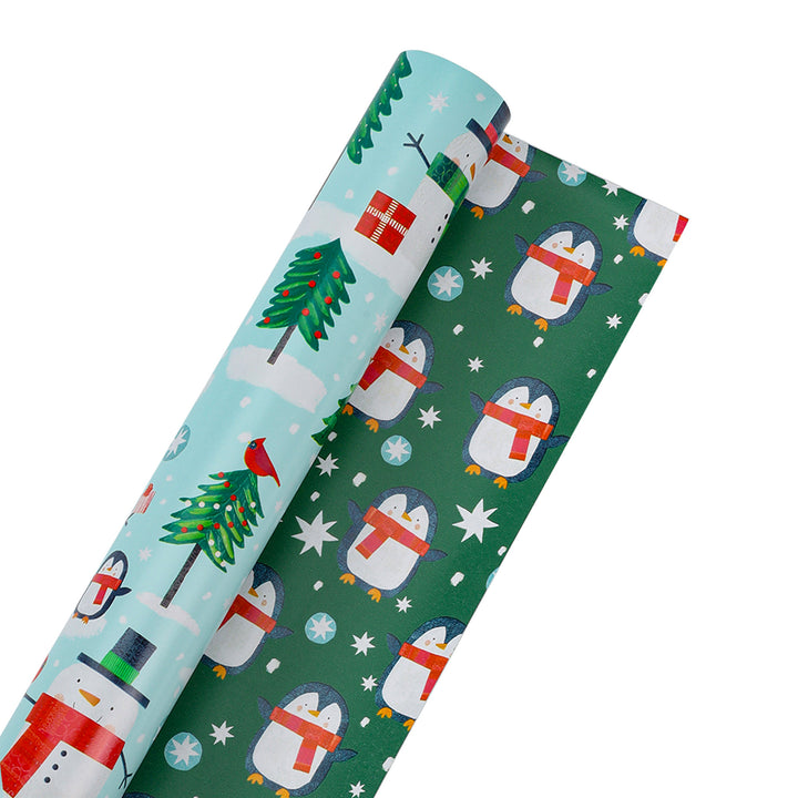 30" x 10' Holiday Reversible Wrapping Paper | Winter Friends Snowman/Penguin