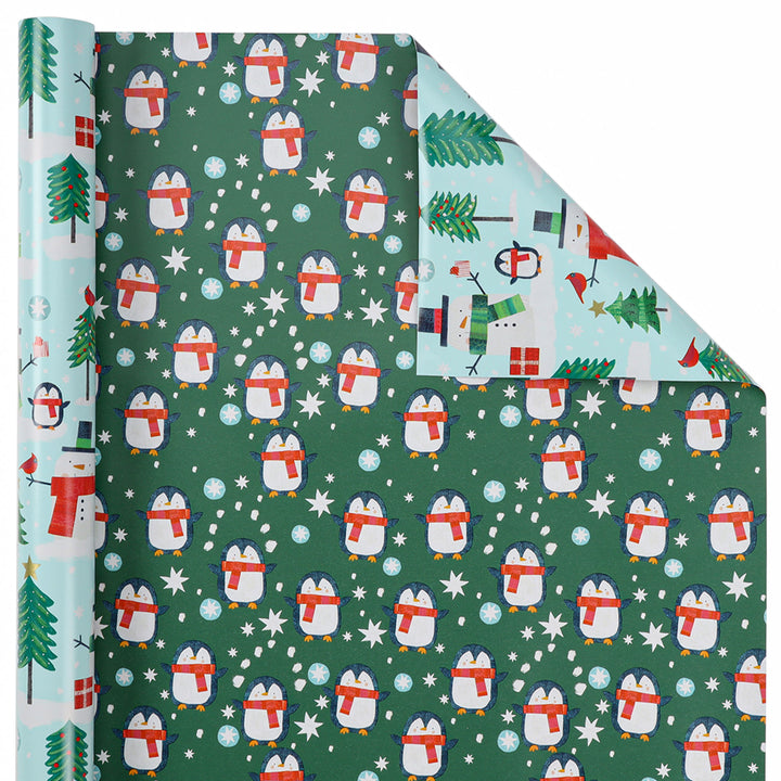 30" x 10' Holiday Reversible Wrapping Paper | Winter Friends Snowman/Penguin