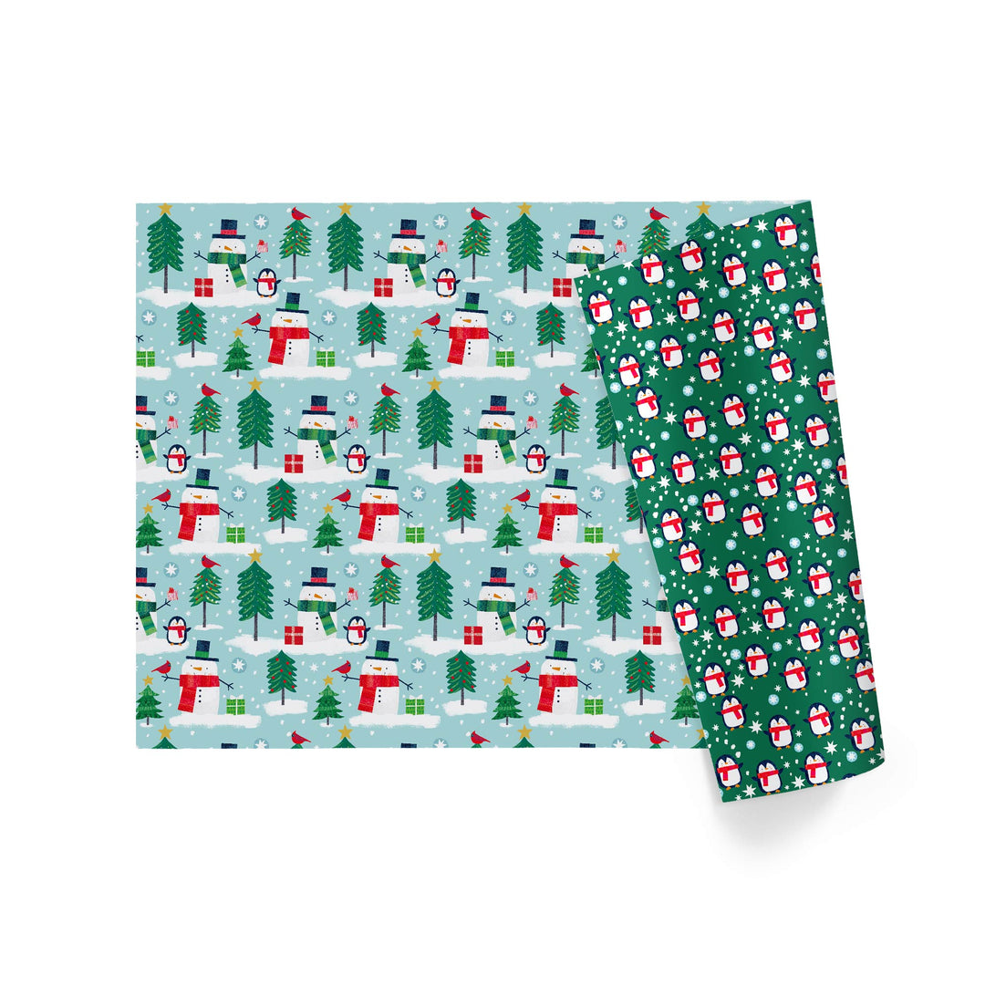 30" x 10' Holiday Reversible Wrapping Paper | Winter Friends Snowman/Penguin