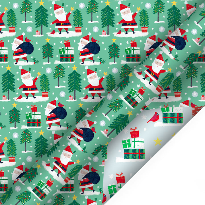 30" x 10' Holiday Reversible Wrapping Paper | Winter Friends Santa/Cardinal Present