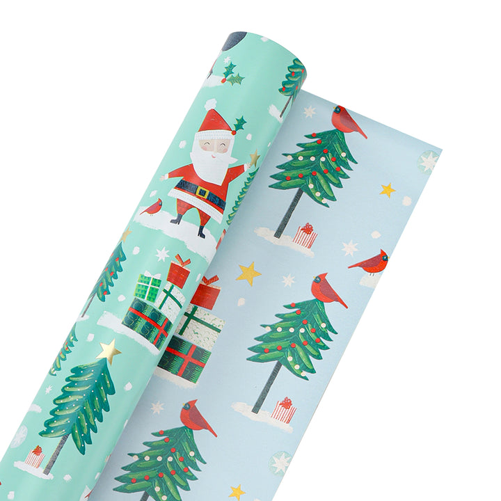 30" x 10' Holiday Reversible Wrapping Paper | Winter Friends Santa/Cardinal Present