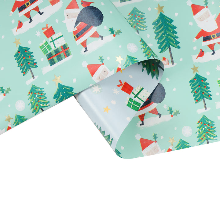 30" x 10' Holiday Reversible Wrapping Paper | Winter Friends Santa/Cardinal Present