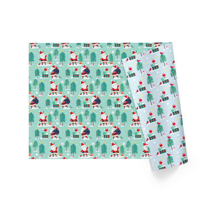 30" x 10' Holiday Reversible Wrapping Paper | Winter Friends Santa/Cardinal Present