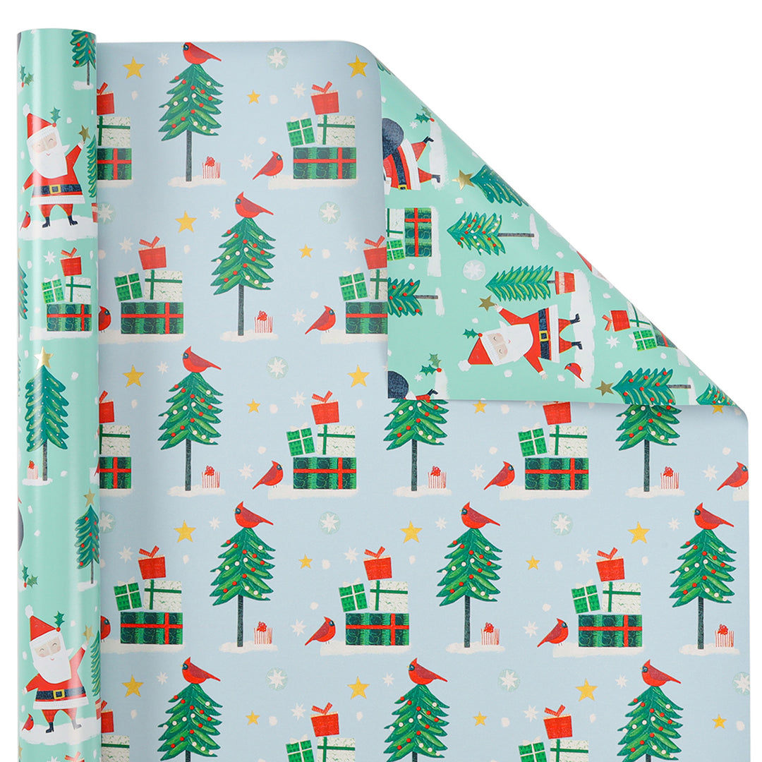 30" x 10' Holiday Reversible Wrapping Paper | Winter Friends Santa/Cardinal Present