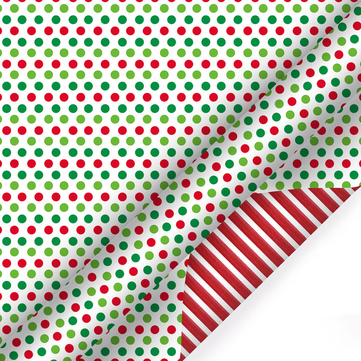 30" x 10' Holiday Reversible Wrapping Paper | Red & Green Dots on White/Red & White Diagonal Stripe