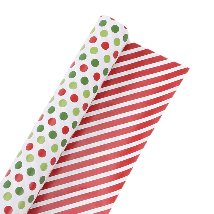 30" x 10' Holiday Reversible Wrapping Paper | Red & Green Dots on White/Red & White Diagonal Stripe