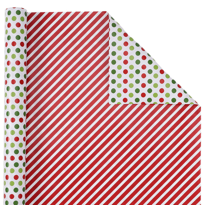 30" x 10' Holiday Reversible Wrapping Paper | Red & Green Dots on White/Red & White Diagonal Stripe