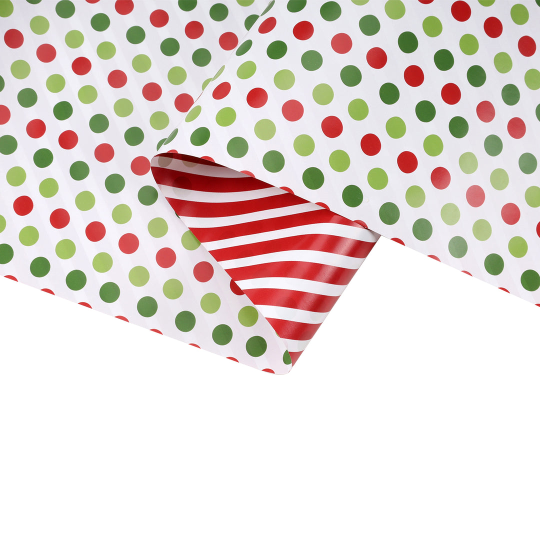 30" x 10' Holiday Reversible Wrapping Paper | Red & Green Dots on White/Red & White Diagonal Stripe