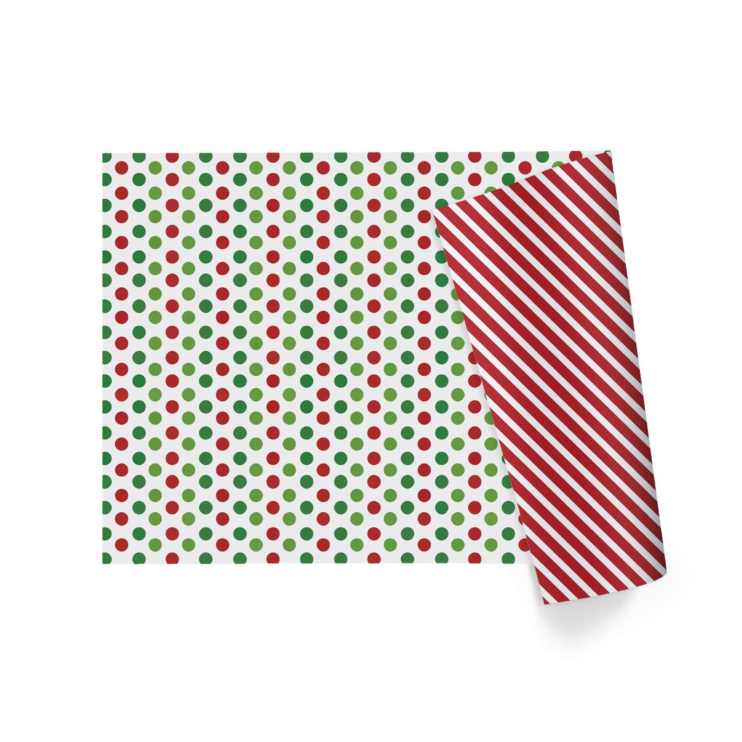 30" x 10' Holiday Reversible Wrapping Paper | Red & Green Dots on White/Red & White Diagonal Stripe