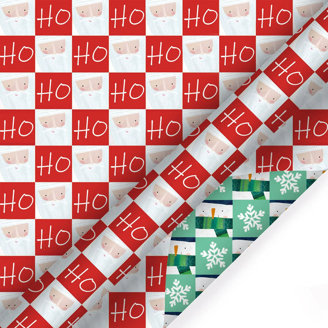 30" x 10' Holiday Reversible Wrapping Paper, Santa "HO" checkerboard print with snowman snowflake reverse