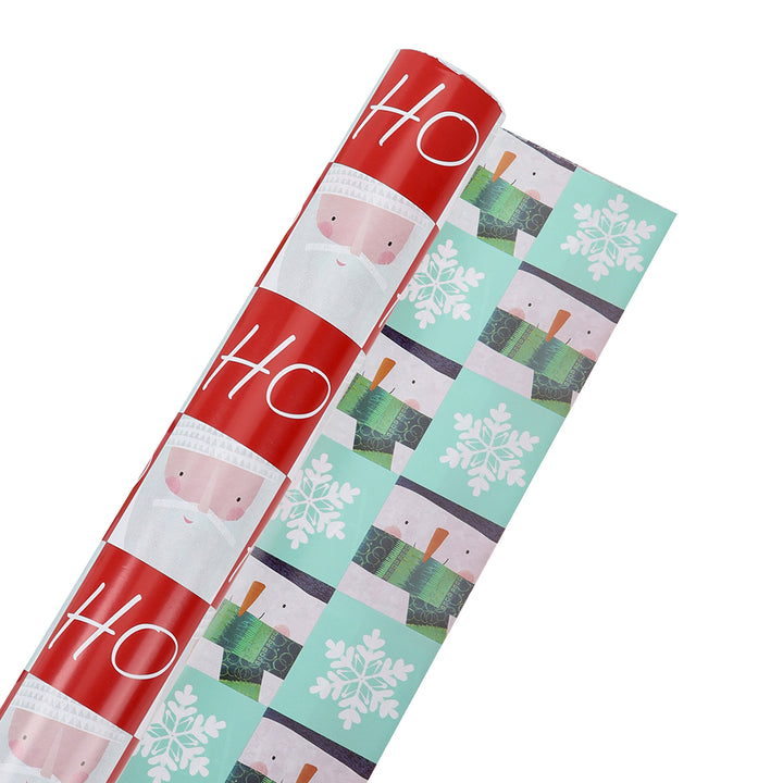 30" x 10' Holiday Reversible Wrapping Paper | Santa Ho Checkerboard/Snowman Flake Checkerboard