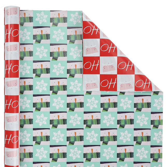 30" x 10' Christmas Reversible Wrapping Paper, festive Santa check design & snowman flake back