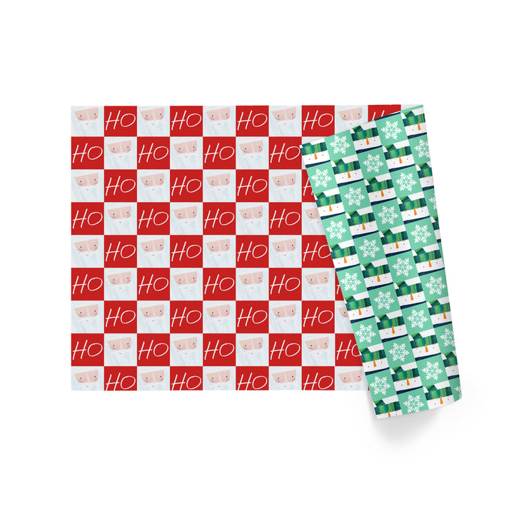 30" x 10' Holiday Reversible Wrapping Paper | Santa Ho Checkerboard/Snowman Flake Checkerboard