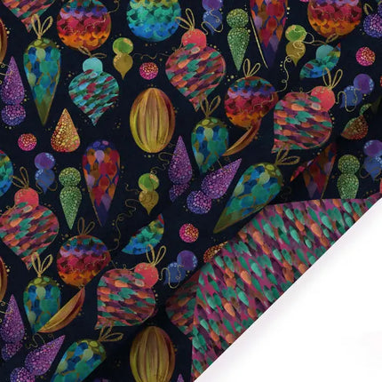 30" x 10' Holiday Wrapping Paper, Jewel Toned Ornaments with Metallic Accent on Black, for Christmas gifting
