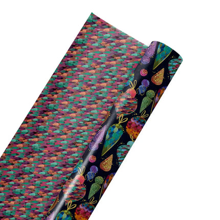 30" x 10' Jewel Tone Ornament Holiday Paper, black base with vibrant gem tones, for Christmas gift wrapping