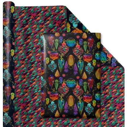 30" x 10' Jewel Tone Ornament Wrapping Paper, Black background with gold metallic details