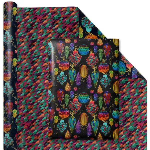30" x 10' Jewel Tone Ornament Wrapping Paper, Black background with gold metallic details