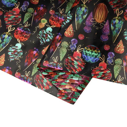 30" x 10' Black Holiday Paper with Jewel Toned Ornaments & Metallic Shimmer, for winter celebrations