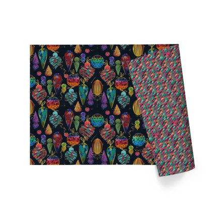 30" x 10' Black Wrapping Paper with Jewel Tone Ornaments, festive metallic accents, for holiday gift packaging