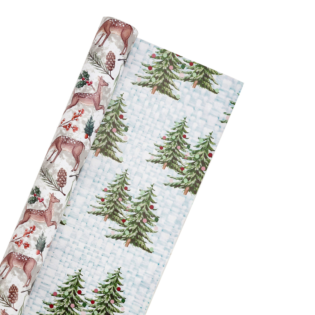 30" x 10' Holiday Reversible Wrapping Paper | Doe Floral/Winter Trees on White