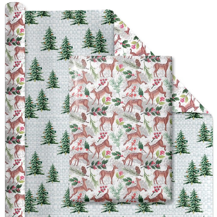 30" x 10' Holiday Reversible Wrapping Paper | Doe Floral/Winter Trees on White