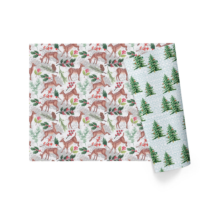 30" x 10' Holiday Reversible Wrapping Paper | Doe Floral/Winter Trees on White