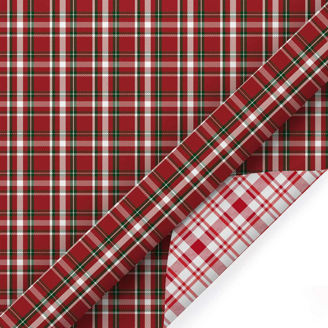 30" x 10' Holiday Reversible Wrapping Paper, red green plaid print with white plaid reverse, for Christmas gifting