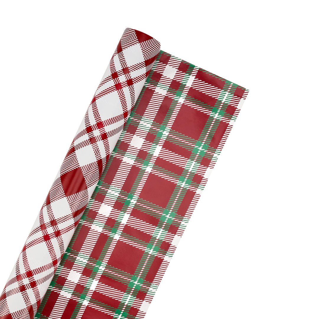 30" x 10’ Holiday Reversible Wrapping Paper | Red, Black and White Plaid/Red/White Plaid