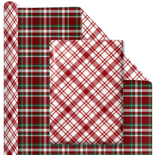 30" x 10' Christmas Reversible Wrapping Paper, festive tartan plaid design & white plaid back