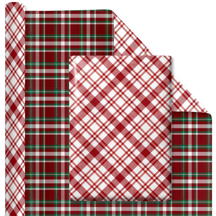 30" x 10’ Holiday Reversible Wrapping Paper | Red, Black and White Plaid/Red/White Plaid