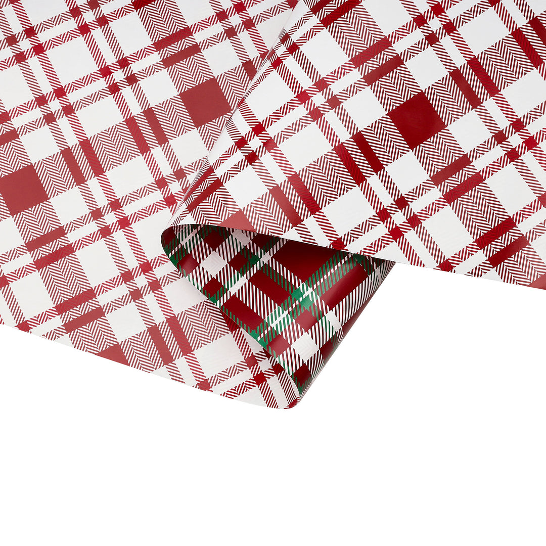 30" x 10’ Holiday Reversible Wrapping Paper | Red, Black and White Plaid/Red/White Plaid